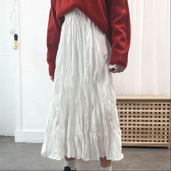 

spring women skirts summer high waist skirt solid color pleated causal midi drop, Black