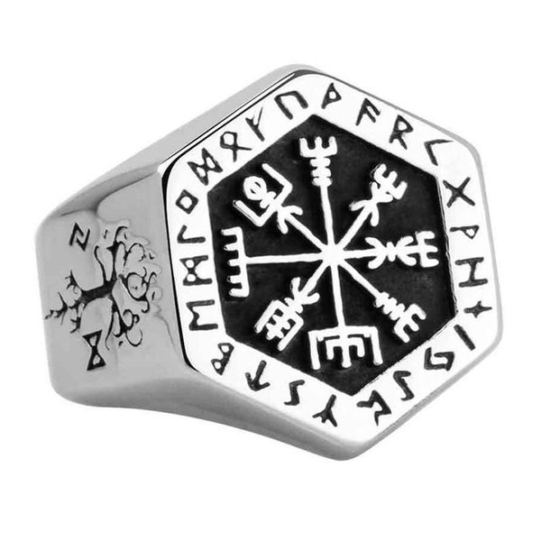 

cluster rings hiyong viking compass vegvisir agishjalur anillo de declaraciÃ³n runic para hombre vintage color plata nÃ³rdico vikingo tÃ³tem, Golden;silver