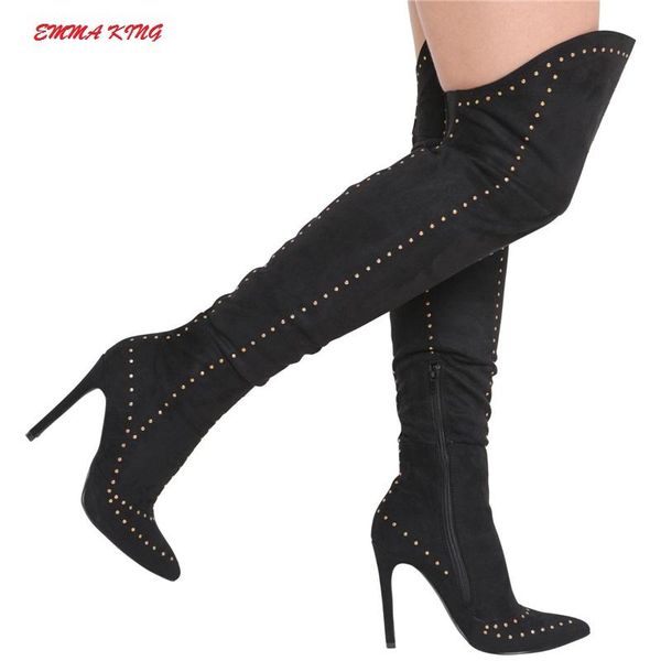 

king stretch emma suede women thigh high boots stilettos over the knee pointy toe rivet studs long with zipper, Black