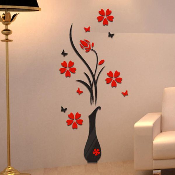 

wall stickers diy vase flower tree crystal arcylic 3d decal home decor art poster bedroom personality wallstick