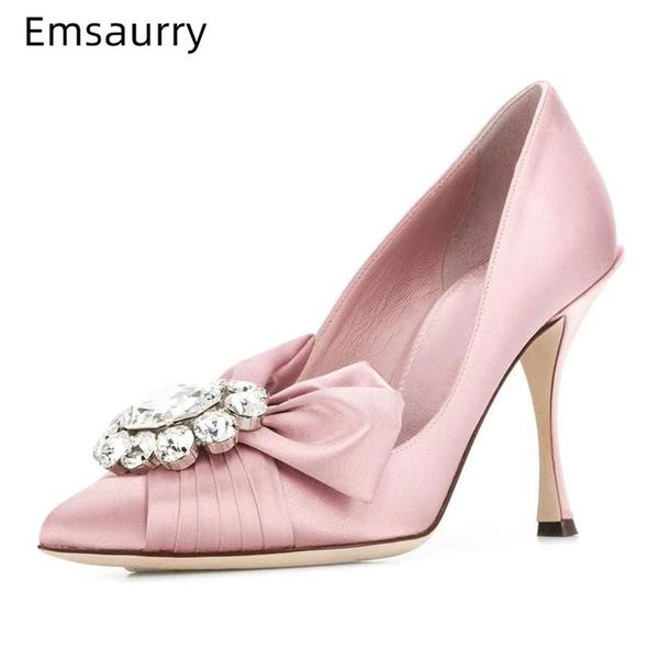 

dress shoes jeweled crystal buckle woman folded satin butterfly-knot 10cm thin heel pointed toes rhinestone women pumps, Black