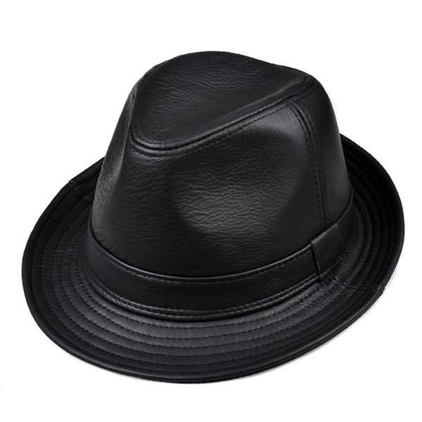 

wide brim hats fashion real leather gentleman fedora hat men autumn winter solid black vintage dad chapeau cowhide cap panama jazz, Blue;gray
