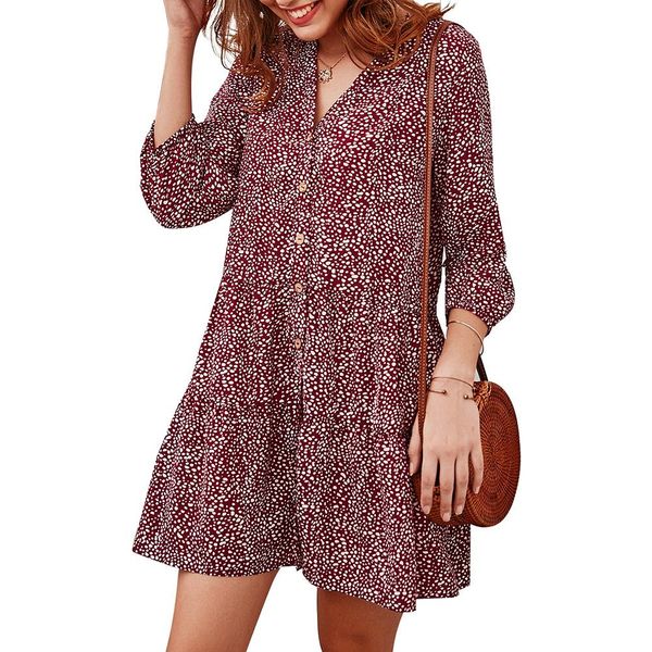 

women boho dresses summer dress dots print v neck 3/4 sleeve button large swing a-line elegant party beach mini dress clothing, Black;gray