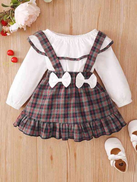 

baby contrast binding bodysuit & plaid print bow front ruffle hem suspender skirt she, White