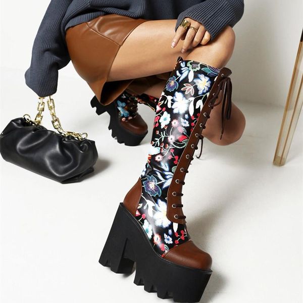 

boots women square head flower texture cross strap punk style thick-soled knee-length super high platform heel, Black