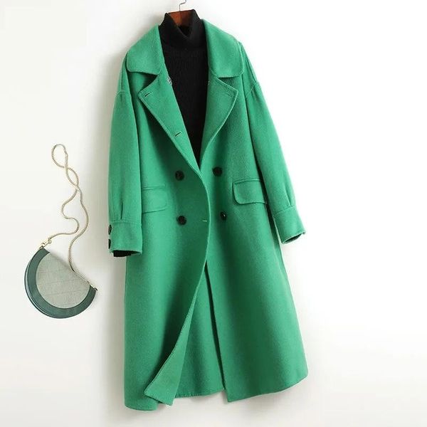 

women's wool & blends korea women autumn winter double breasted long coat ladies sleeve cashmere outerwear parka jacket pocket windbrea, Black