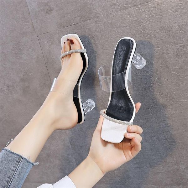 

square head high heel sandals slippers open toe casual outdoor narrow band slides women summer, Black