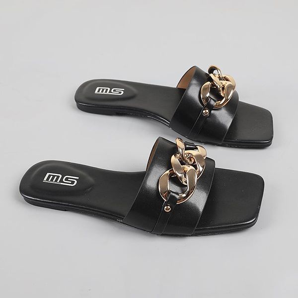 

slippers shoes women ladies' luxury slides pantofle soft designer summer flat 2021 pu chain rubber basic fashion, Black