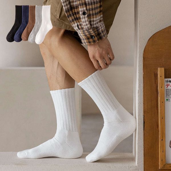 

autumn winter semi terry socks men's color all cotton simple casual business high tube, Black