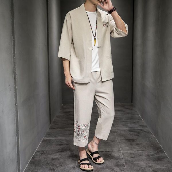 

men's tracksuits kimono shirt + cropped pants two-piece summer chinese style suit cotton dragon embroidery casual, Gray