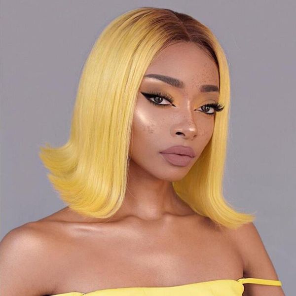 

yellow straight short lace human hair wigs bob for black women brazilian middle part wig, Black;brown