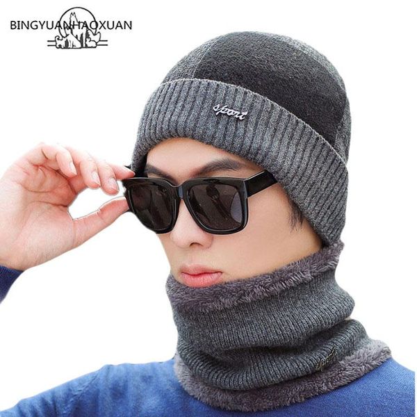

berets bingyuanhaoxuan double layer thicker velvet men knitted scarf winter hats warm caps for skullies beanies cap, Blue;gray