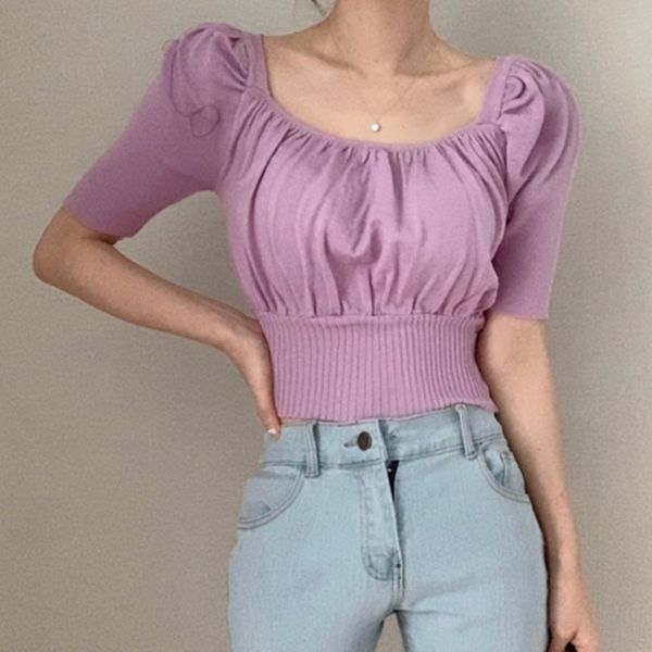 

neploe summer knitted square neck t-shirt short-sleeve women's elegant vintage tshirts crop slim waist casual basic tees 210422, White