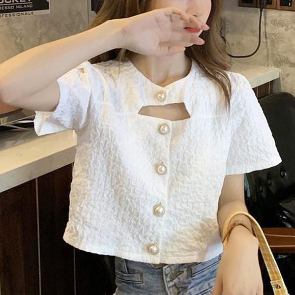 

women's blouses & shirts summer solid blouse women 2021 o-neck korean style short fashion button casual office lady female clothing, White