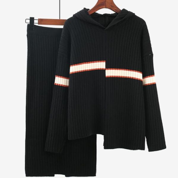 

women's two piece pants sweaters knitting skirts 2 sets female knitted suit, White