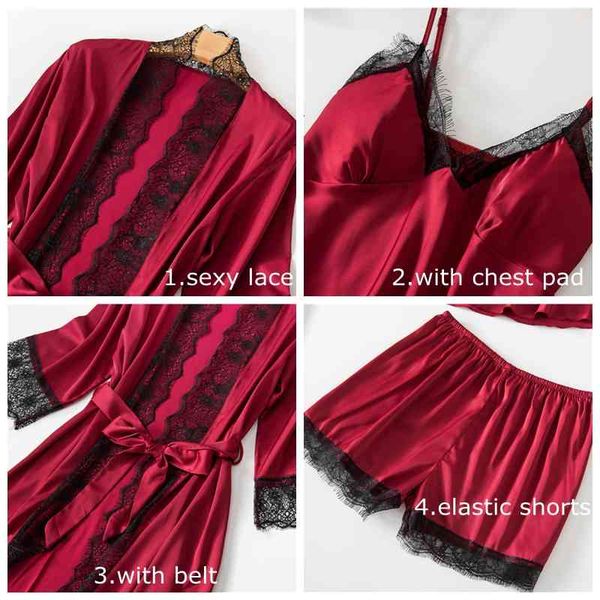 

sleepwear fashion spring stain pyjama 4 pieces faux silk pajamas set women lace simple sling shorts summer robe sleepwear vrl0 w7i5, Black;red