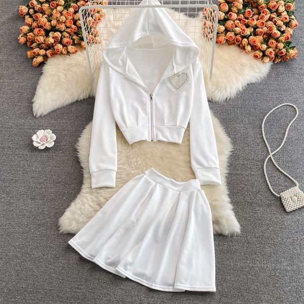 

women's tracksuits woman sets long sleeve sweatshirts women hooded crop +high waist mini skirts elastic two pieces, Gray