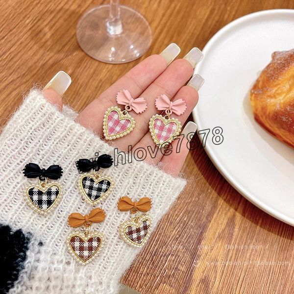

fashion bowknot plaid heart dangle earrings elegant simulated pearl love drop earrings for women jewelry gifts, Silver