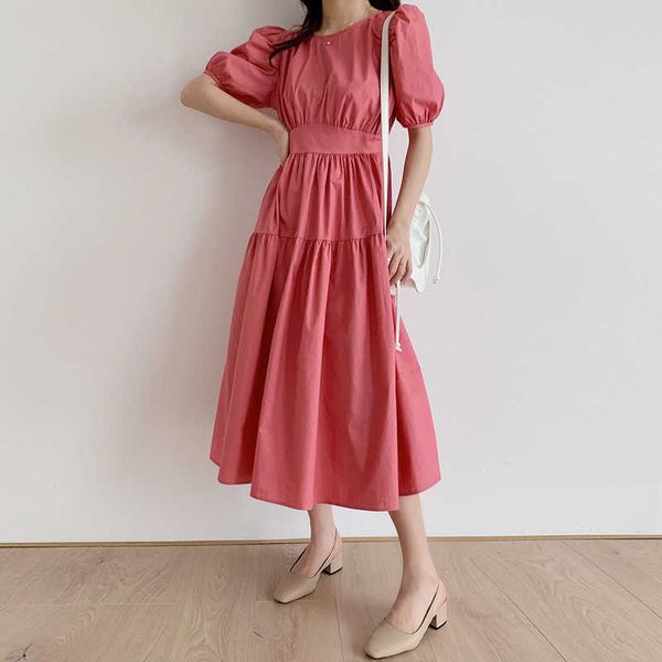 HXJJP Sommerkleid, französisches Kleid, lässig, O-Ausschnitt, kurze Ärmel, Puffärmel und lockere Taille, Weiß, Rot, 210607