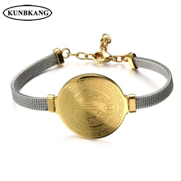 

link, chain vintage stainless steel religious medal bracelet bangles gold color san benito christian male jewelry accessories, Black