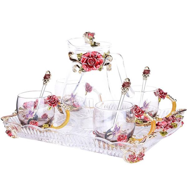 

european enamel color water bottle kettle set with tray spoon heat-resistant glass home tea cup gift cups wine glasses