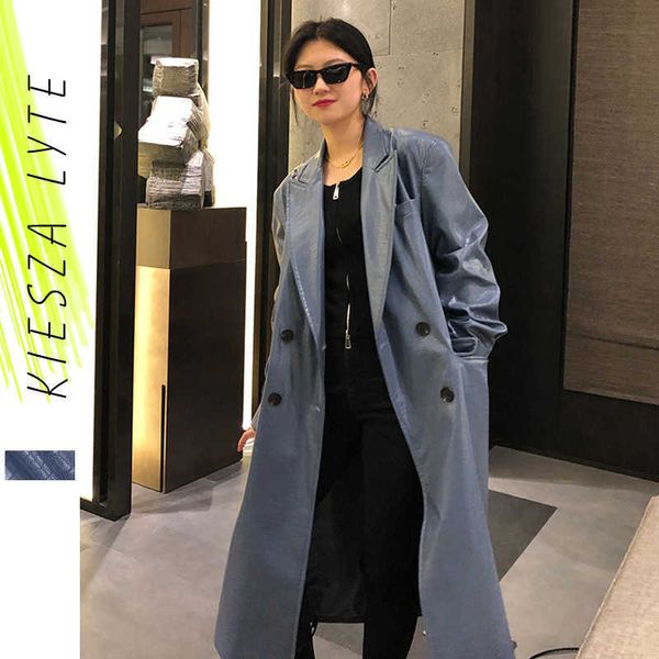 Kadın PU Deri Uzun Ceket Bahar Rüzgarlık Trençkot Gevşek Mavi Ceketler Kadın Suit Dış Giyim 210608