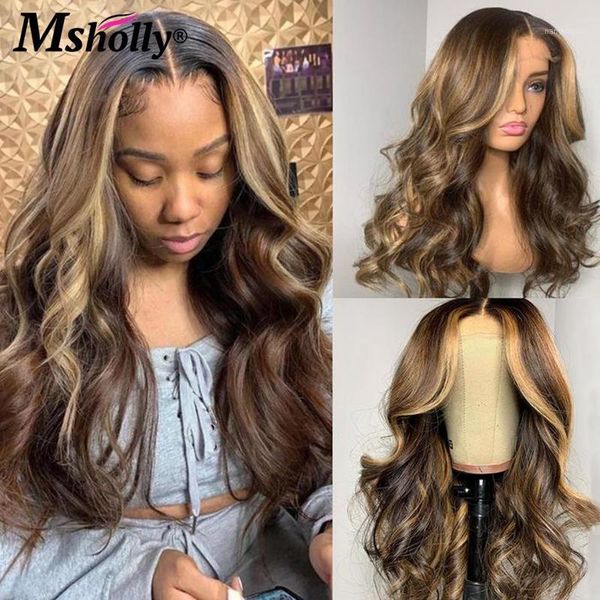 

brown 4x4 lace closure wig colored wavy human hair with highlight pre-plucked remy glueless brazilian for black women wigs1, Black;brown
