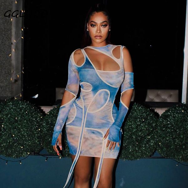 

casual dresses gglnoo tie dye irregular cut out long sleeve bodycon for women 2021 fashion club outfits mini dress, Black;gray