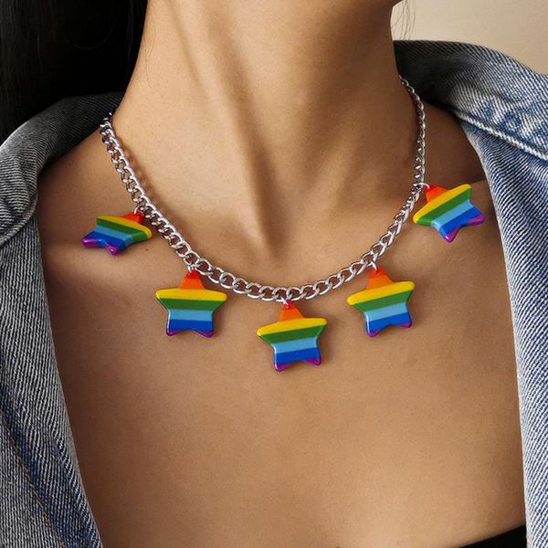 

wgoud 2021 novelty rainbow star statement pendant necklace for women fashion colorful candy collars jewelry party gift necklaces, Silver