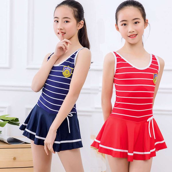 

10-14 years old 50-75kg children's one-piece boxer swimsuit girl's striped, Blue