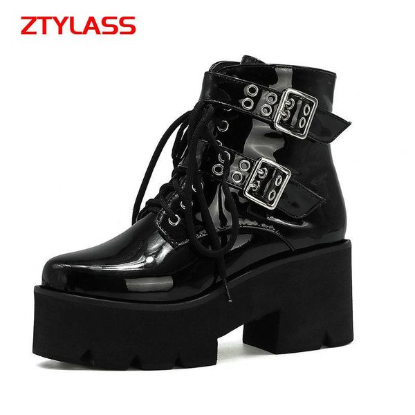

boots black autumn platform women thick high heel ankle lcae up zipper motorcycle winter ladies shoes size 43