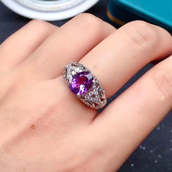 

cluster rings luxury amethyst ring for party 7mm * 9mm 2ct vvs grade natural silver 925 sterling jewelry, Golden;silver