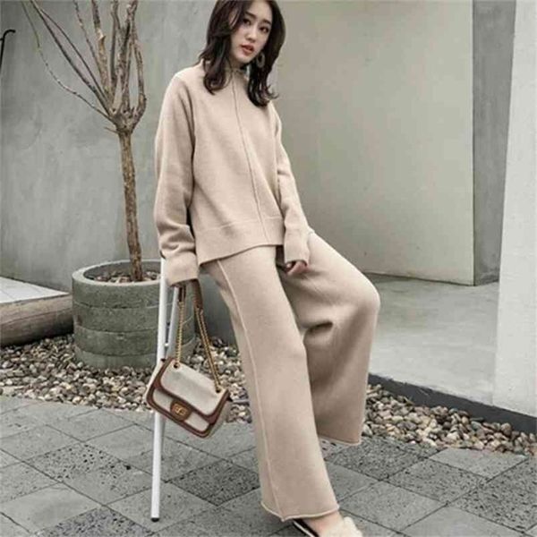 

autumn female sweater trousers 2 piece set women two o-neck long sleeve knitted pullover & wide leg pants 210514, White