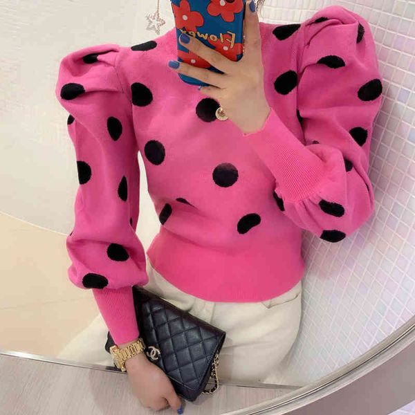 

tees Korean style polka dot puff sleeve long female knitted shirt winter streetwear top sweater 5Q1F, White