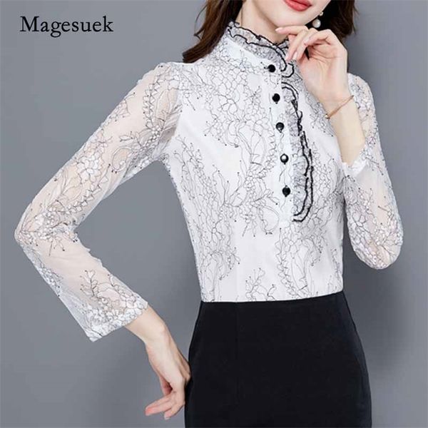 Outono moda manga longa stand-collar lace blusas de lace all-match white slim camisa ver através de ol estilo 10766 210518