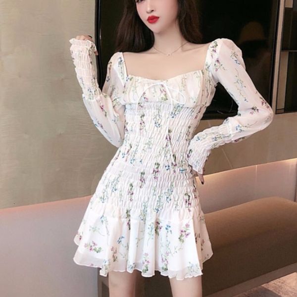 

summer floral garnet square chiffon plissado long mini sweet dress wrapped elastic waist ladies'dresses lloz, Black;gray