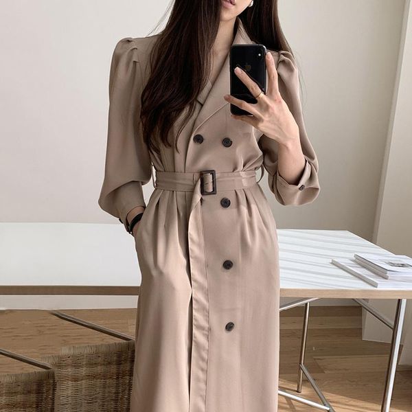 

casual dresses [ewq] korean chic autumn solid color notched double breasted loose over knee long sleeve dress with belt fmale tide 2021 16e2, Black;gray