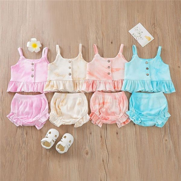 

1 6years fashion girls summer tie dye clothing sets ribbed knitted sleeveless button ruffles crop high waist shorts outfits, White