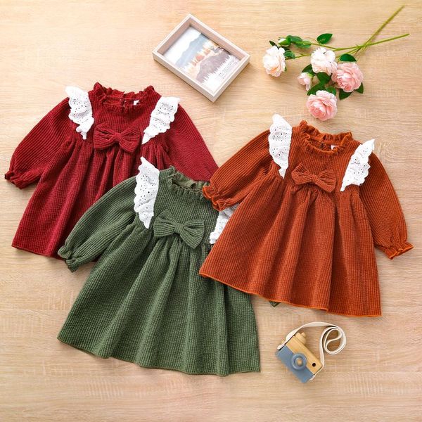 

girl's dresses autumn children baby gilrs casual long sleeve dress toddlers kids lace solid color corduroy flounce a-line clothing 3m-3, Red;yellow