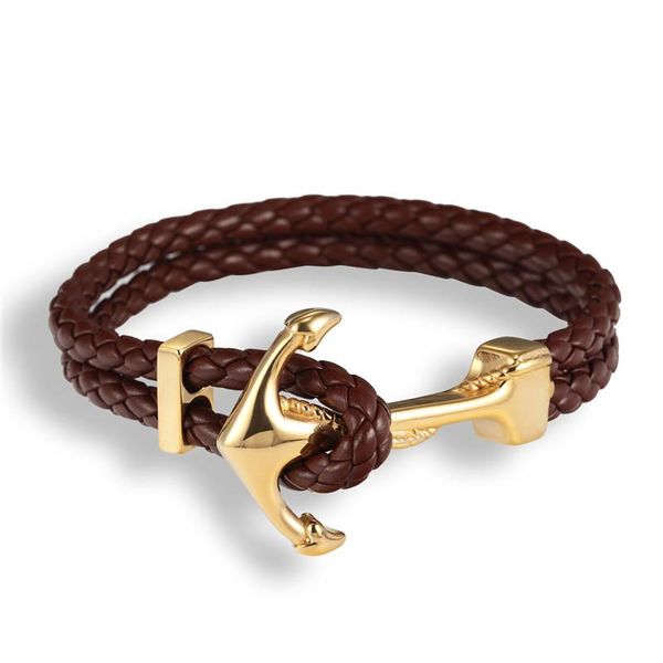 

charm bracelets genuine handmade braided vintage leather anchor men stainless steel punk jewelry pulseras, Golden;silver