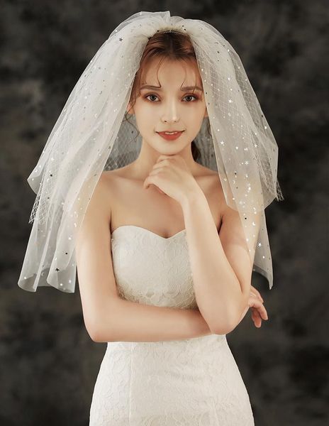 

bridal veils beautiful stars design tulle three layers short ivory wedding accessoire velos de novia with comb, Black