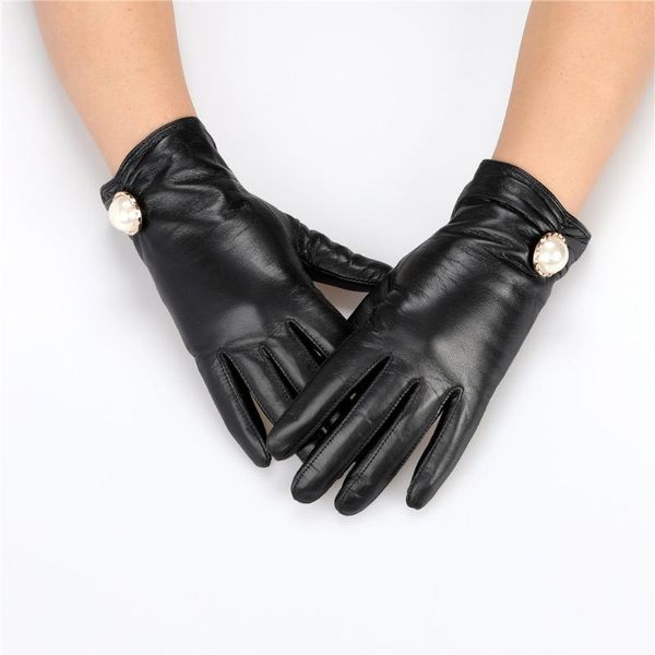 

five fingers gloves luxury women' dressing evening party fashion winter genuine leather with pearls gift for woman, Blue;gray