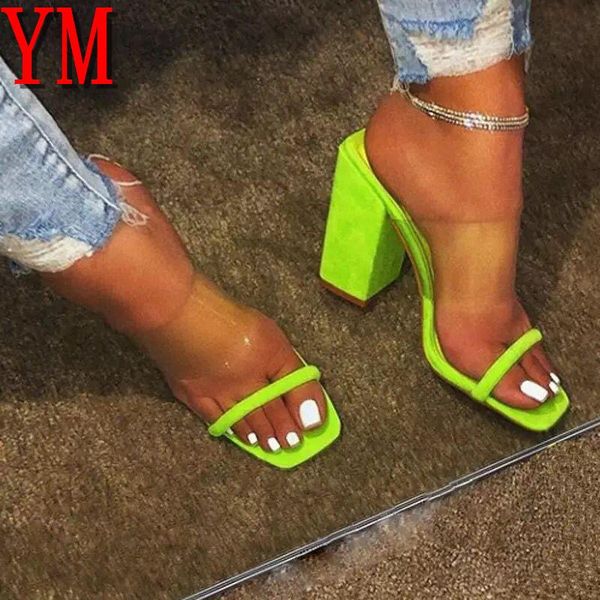 

summer shoe women transparent pvc sandals ladies high heel pumps slippers fluorescent open toes thick fashion female slides, Black