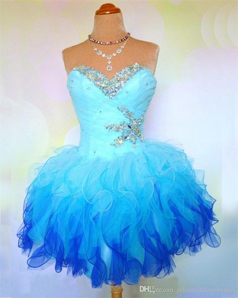 

stock blue organza mini short homecoming dresses with beaded crystal off the shoulder lace up prom graduation cocktail party gown qc191, Blue;pink