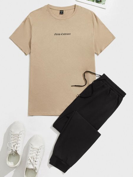 

men letter graphic tee & drawstring sweatpants set m6qn#, Gray