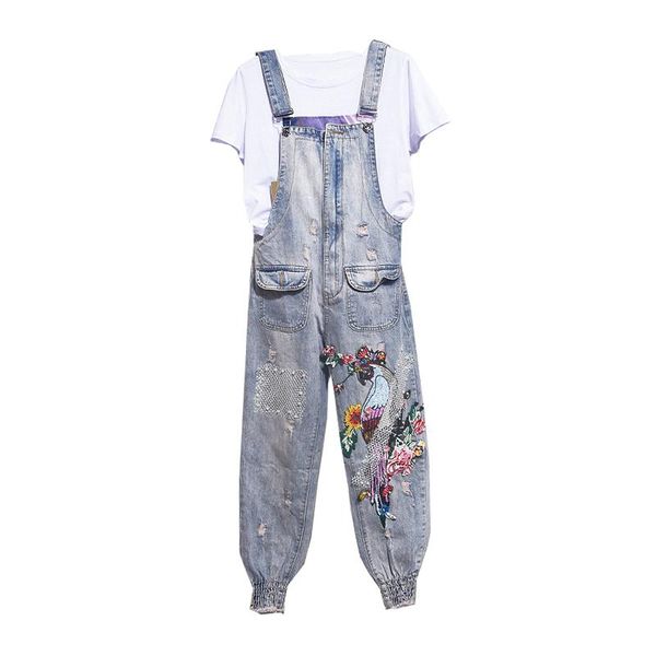 

women's jumpsuits & rompers spring autumn fashion women embroidery beaded jumpsuit jeans casual nine pants sling denim overalls ladies, Black;white