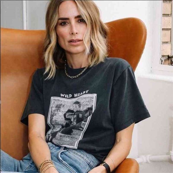 Wild Heart Faded Tees Frauen Sommer Kurzarm O Hals Baumwolle Shirts T-Shirt Casual Vintage Classic Washed Black T-shirt Top 210324