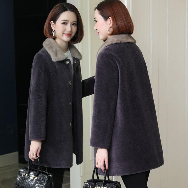 

women's fur & faux 2021 autumn winter women real wool coat female thick warm elegant loose long jacket lady genuine sheep shearing outw, Black