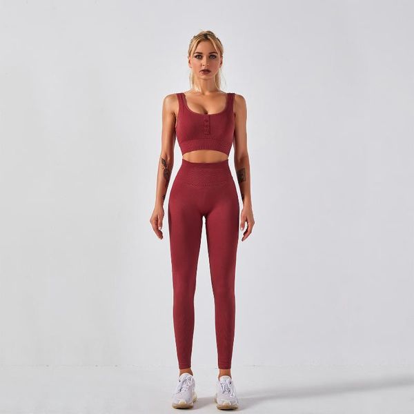 

yoga outfit women's two-piece gym seamless button sports bra high waist pants set fitness running