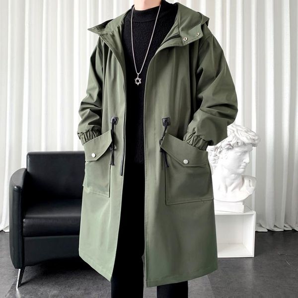 

men's trench coats autumn solid color oversized long jacket 2021 fashion big pocket hooded male clothing, Tan;black